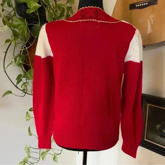 Vintage 80s Dana Scott Avant-Garde Red And Cream Mixed Media Sweater - Medium - Picture 2 of 9